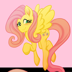 Size: 900x900 | Tagged: safe, artist:zat, imported from derpibooru, fluttershy, pegasus, pony, female, flying, looking at you, mare, raised hoof, smiling, smiling at you, solo, spread wings, wings