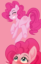 Size: 900x1400 | Tagged: safe, artist:zat, imported from derpibooru, pinkie pie, earth pony, pony, balloonbutt, butt, butt blush, eyes closed, female, grin, mare, plot, smiling, solo, underhoof