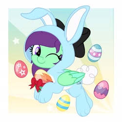 Size: 2048x2048 | Tagged: safe, artist:jhayarr23, imported from derpibooru, oc, oc only, oc:greenfeather, pegasus, pony, animal costume, bow, bunny costume, clothes, costume, easter, easter egg, female, hair bow, holiday, mare, one eye closed, wink