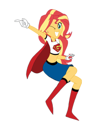 Size: 4161x4834 | Tagged: safe, artist:renthegodofhumor, imported from derpibooru, sunset shimmer, equestria girls, boots, cape, clothes, costume, crossover, female, gloves, midriff, motorcross, one eye closed, shoes, simple background, skirt, solo, supergirl, superhero, transparent background, wink