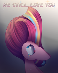 Size: 1800x2250 | Tagged: safe, artist:miryelis, imported from derpibooru, pinkie pie, earth pony, pony, bow, cute, cuteamena, long hair, looking up, pinkamena diane pie, rainbow power, solo, text