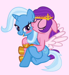 Size: 1280x1390 | Tagged: safe, artist:detailedatream1991, imported from derpibooru, pipp petals, trixie, pegasus, pony, unicorn, biting tongue, cuddling, eyes closed, female, g5, lesbian, pippxie, shipping, smiling, spread wings, tongue out, wings