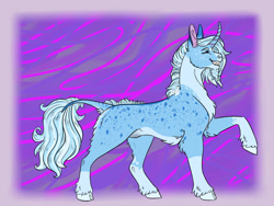 Size: 1280x960 | Tagged: safe, artist:kitschykricket, imported from derpibooru, trixie, classical unicorn, pony, unicorn, abstract background, cloven hooves, curved horn, female, horn, leonine tail, male to female, mare, solo, trans female, trans trixie, transgender, unshorn fetlocks