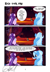 Size: 1024x1459 | Tagged: safe, artist:stormythetrooper, imported from derpibooru, starlight glimmer, trixie, pony, unicorn, comic:hold your fire, butt, comic, duo, duo female, female, mare, open mouth, plot, speech bubble