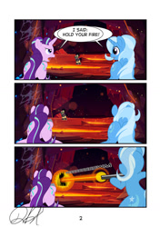 Size: 1024x1456 | Tagged: safe, artist:stormythetrooper, imported from derpibooru, starlight glimmer, trixie, pony, unicorn, comic:hold your fire, angry, bipedal, butt, comic, duo, duo female, female, laser, mare, open mouth, plot, speech bubble, weapon
