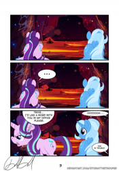 Size: 1024x1460 | Tagged: safe, artist:stormythetrooper, imported from derpibooru, starlight glimmer, trixie, pony, unicorn, comic:hold your fire, ..., butt, comic, duo, duo female, female, mare, open mouth, plot, speech bubble, starlight glimmer is not amused, unamused