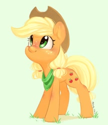 Size: 786x910 | Tagged: safe, artist:melodylibris, imported from derpibooru, applejack, earth pony, pony, applejack's hat, bandana, blushing, cowboy hat, cute, female, freckles, green background, hat, jackabetes, looking up, mare, pigtails, simple background, smiling, solo, standing, three quarter view