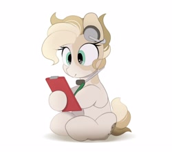 Size: 2500x2200 | Tagged: safe, artist:mochi_nation, imported from derpibooru, oc, oc only, oc:melt cookie, earth pony, pony, clipboard, dexterous hooves, earpiece, female, hoof hold, magnetic hooves, mare, simple background, sitting, solo, white background