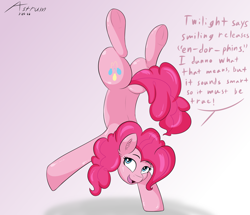 Size: 2500x2150 | Tagged: safe, artist:astrum, imported from derpibooru, pinkie pie, earth pony, pony, balancing, butt, dialogue, digital art, handstand, happy, looking up, open mouth, open smile, plot, raised hoof, smiling, upside down