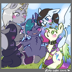 Size: 1280x1280 | Tagged: safe, artist:metaruscarlet, imported from derpibooru, oc, oc only, oc:elizabat stormfeather, oc:krissy, oc:starla, oc:trix, unnamed oc, alicorn, bat pony, bat pony alicorn, earth pony, pegasus, unicorn, alicorn oc, arm warmers, bat pony oc, bat wings, blushing, chest fluff, choker, clothes, collar, ear piercing, earring, eyes closed, eyeshadow, female, grass, group hug, hair over one eye, horn, horn ring, hug, jacket, jewelry, leather jacket, leg warmers, makeup, mare, necklace, nose piercing, nose ring, nostril piercing, one eye closed, open mouth, piercing, ring, wings, wink, wristband