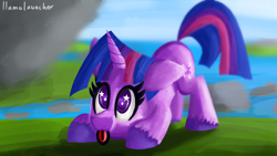 Size: 3840x2160 | Tagged: safe, artist:llamalauncher, imported from derpibooru, twilight sparkle, pony, unicorn, behaving like a dog, female, floppy ears, mlem, one ear down, river, silly, solo, starry eyes, tongue out, twilight dog, unicorn twilight, water, wingding eyes