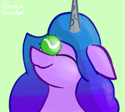 Size: 2400x2160 | Tagged: safe, artist:llamalauncher, imported from derpibooru, izzy moonbow, pony, unicorn, ball, eyes closed, female, g5, green background, izzy's tennis ball, simple background, solo, tennis ball