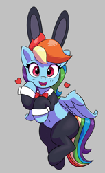 Size: 735x1204 | Tagged: safe, artist:pabbley, imported from derpibooru, rainbow dash, pegasus, pony, adorasexy, aggie.io, bow, bunny ears, bunny suit, clothes, cute, dashabetes, female, flying, gray background, heart, looking at you, mare, open mouth, reverse bunny suit, sexy, simple background, smiling, socks, spread wings, stockings, stupid sexy rainbow dash, thigh highs, wings