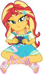 Size: 1024x1749 | Tagged: safe, artist:emeraldblast63, imported from derpibooru, sunset shimmer, equestria girls, equestria girls series, game stream, spoiler:eqg series (season 2), clothes, clothes swap, dress, feet, fluttershy boho dress, lace sandals, lidded eyes, role reversal, sandals, simple background, smug, solo, transparent background