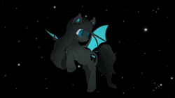 Size: 1920x1080 | Tagged: safe, artist:puginpocket, imported from derpibooru, oc, oc only, oc:umbra glow, bat pony, pony, bat pony oc, cute, female, flying, mare, night, night sky, sky, solo, stars