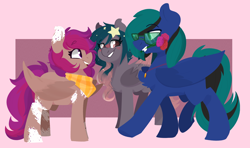 Size: 4396x2596 | Tagged: safe, artist:modularpon, imported from derpibooru, oc, oc:asteroid trail, oc:ender, oc:star universe, pegasus, pony, bandana, female, flower, glasses, jewelry, male, mare, necklace, pegasus oc, romance, romantic, rose, stallion