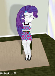 Size: 1024x1409 | Tagged: safe, artist:robukun, imported from derpibooru, rarity, equestria girls, bondage, bound and gagged, cloth gag, clothes, dress, gag, over the nose gag, sad, scared, solo, tied to chair, tied up, worried