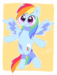 Size: 1552x2048 | Tagged: safe, artist:leo19969525, imported from derpibooru, rainbow dash, pegasus, pony, bipedal, blush sticker, blushing, cute, dashabetes, female, looking at you, mare, open arms, simple background, smiling, solo, spread wings, wings