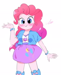 Size: 1679x2048 | Tagged: safe, artist:leo19969525, imported from derpibooru, pinkie pie, equestria girls, blushing, boots, breasts, cleavage, clothes, cute, diapinkes, female, looking at you, shoes, simple background, skirt, smiling, solo, standing, white background, wristband