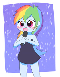 Size: 2697x3455 | Tagged: safe, artist:leo19969525, imported from derpibooru, rainbow dash, equestria girls, bare shoulders, black dress, blushing, clothes, commission, commissioner:ajnrules, cute, dashabetes, dress, eyebrows, eyebrows visible through hair, female, little black dress, microphone, open mouth, rain, rainbow dash always dresses in style, simple background, singing, sleeveless, solo, standing