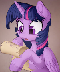 Size: 3170x3770 | Tagged: safe, artist:awalex, imported from derpibooru, twilight sparkle, alicorn, pony, ear fluff, female, high res, letter, mare, paper, reading, scroll, solo, twilight sparkle (alicorn), unshorn fetlocks