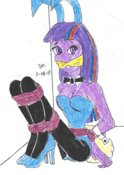 Size: 1065x1500 | Tagged: safe, artist:godzilla713, imported from derpibooru, twilight sparkle, equestria girls, bondage, bound and gagged, breasts, bunny ears, bunny suit, cleavage, cloth gag, clothes, dress, gag, high heels, scared, shoes, solo, tied up