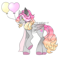 Size: 1280x1280 | Tagged: safe, artist:lilywolfpie, imported from derpibooru, oc, oc:wind cyclone, pegasus, pony, balloon, female, heart balloon, mare, simple background, solo, transparent background