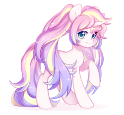 Size: 1917x1782 | Tagged: safe, artist:miioko, imported from derpibooru, oc, oc only, pony, unicorn, deviantart watermark, eyelashes, female, horn, mare, obtrusive watermark, raised hoof, simple background, smiling, solo, unicorn oc, watermark, white background