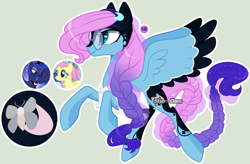 Size: 1024x670 | Tagged: safe, artist:stormcloud-yt, imported from derpibooru, oc, alicorn, pegasus, pony, base used, braid, braided tail, female, glasses, magical lesbian spawn, mare, offspring, parent:fluttershy, parent:princess luna, parents:lunashy, pegasus oc, screencap reference, simple background, tail