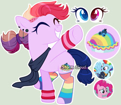 Size: 1024x891 | Tagged: safe, artist:mint-light, artist:stormcloud-yt, imported from derpibooru, pinkie pie, rainbow dash, oc, earth pony, pegasus, pony, base used, clothes, ear piercing, female, grin, magical lesbian spawn, mare, offspring, parent:pinkie pie, parent:rainbow dash, parents:pinkiedash, pegasus oc, piercing, rainbow socks, screencap reference, simple background, smiling, socks, striped socks, underhoof