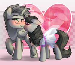 Size: 1650x1431 | Tagged: safe, artist:stormcloud-yt, imported from derpibooru, octavia melody, oc, alicorn, earth pony, pony, alicorn oc, base used, blushing, canon x oc, clothes, dress, female, glasses, horn, male, mare, raised hoof, simple background, size difference, stallion, wings