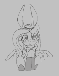 Size: 301x382 | Tagged: safe, fluttershy, pegasus, pony, aggie.io, blushing, bow, bunny ears, clothes, female, lowres, mare, monochrome, open mouth, simple background, sitting, socks, spread wings, wings