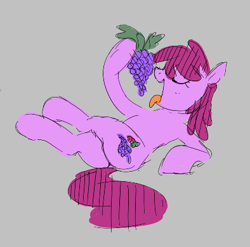 Size: 394x390 | Tagged: safe, berry punch, berryshine, earth pony, pony, aggie.io, eating, eyes closed, female, food, grapes, lowres, lying down, mare, open mouth, simple background, smiling, tongue out