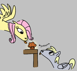 Size: 420x391 | Tagged: safe, derpy hooves, fluttershy, pegasus, pony, aggie.io, female, food, mare, muffin, simple background, snoofa, spread wings, table, tongue out, whiskers, wings