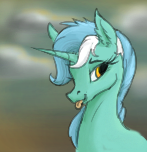 Size: 147x152 | Tagged: safe, artist:firecracker, lyra heartstrings, pony, unicorn, aggie.io, bust, ear fluff, eyebrows, female, looking at something, looking back, lowres, mare, smiling, solo, tongue out