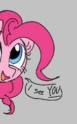 Size: 161x258 | Tagged: safe, artist:dotkwa, pinkie pie, earth pony, pony, aggie.io, dialogue, female, hiding, looking up, lowres, mare, open mouth, simple background, smiling, talking