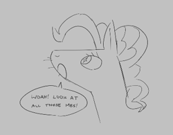 Size: 384x299 | Tagged: safe, pinkie pie, earth pony, pony, aggie.io, female, looking up, lowres, mare, monochrome, open mouth, simple background, speech bubble, talking, whiskers