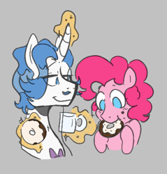 Size: 419x439 | Tagged: safe, fancypants, pinkie pie, earth pony, pony, unicorn, aggie.io, coffee mug, donut, eating, food, magic, male, mug, rule 63, simple background, smiling, stallion