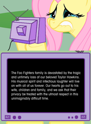 Size: 1126x1542 | Tagged: safe, imported from derpibooru, fluttershy, pegasus, pony, crying, english, exploitable meme, female, foo fighters, mare, meme, obligatory pony, simple background, solo, taylor hawkins, teary eyes, text, tv meme