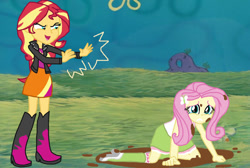 Size: 1090x733 | Tagged: safe, imported from twibooru, fluttershy, sunset shimmer, equestria girls, boots, clothes, duo, high heel boots, image, jacket, mud, mud puddle, mud puddles, muddy puddle, muddy puddles, needs more jpeg, puddle, puddles, shirt, shoes, skirt, sock, solo