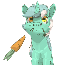 Size: 469x497 | Tagged: safe, artist:rhorse, lyra heartstrings, pony, unicorn, bust, carrot, eating, food, grazing, looking at you, simple background, whiskers, white background