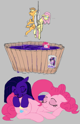 Size: 557x864 | Tagged: safe, artist:anonymous, imported from twibooru, applejack, fluttershy, pinkie pie, twilight sparkle, oc, oc:midnight showing, earth pony, pegasus, unicorn, aggie.io, blowing bubbles, gray background, image, png, purple, simple background, sleeping, struggling, tied up, vat