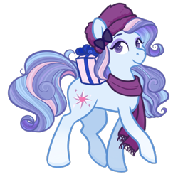 Size: 500x498 | Tagged: safe, artist:howdyhorsey, imported from derpibooru, earth pony, pony, accessories, blue coat, blue mane, clothes, curly mane, cutie mark, eyeshadow, fanart, fur hat, g3, hat, makeup, multicolored hair, multicolored mane, pink mane, present, purple eyes, purple mane, raised hoof, scarf, simple background, solo, transparent background, velvet bow, winter outfit