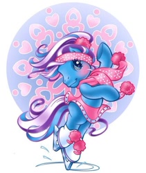 Size: 500x593 | Tagged: safe, imported from derpibooru, earth pony, pony, accessories, bipedal, blue coat, blue mane, clothes, g3, headband, ice skates, ice skating, mandala, missing cutie mark, multicolored mane, official, official art, pom pom, ponytail, pose, purple hair, purple mane, scarf, scrunchie, simple background, skirt, solo, spinning, unknown pony, white background, winter, winter outfit