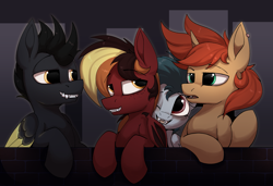 Size: 2773x1899 | Tagged: safe, artist:arume_lux, imported from derpibooru, oc, oc:eldin, oc:ethereal pelagia, oc:flaming arrow, oc:incense, bat pony, pegasus, pony, unicorn, fangs, freckles