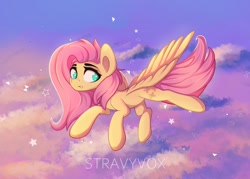 Size: 1200x857 | Tagged: safe, artist:stravy_vox, imported from derpibooru, fluttershy, pegasus, cute, female, flying, mare, sky, solo