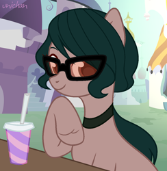 Size: 1084x1110 | Tagged: safe, artist:unichan, imported from derpibooru, oc, oc only, oc:silent shot, pegasus, pony, choker, commission, drink, female, mare, missing wing, raised hoof, soda, solo, sunglasses, table, ych result