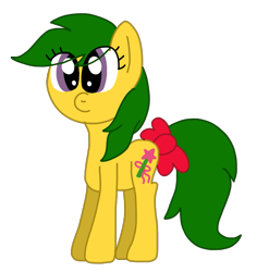 Size: 677x717 | Tagged: safe, artist:funnyclowns64, magic star, earth pony, pony, adorablestar, bow, colored, cute, eye clipping through hair, female, full body, g1, g1 to g4, g4, generation leap, green hair, green mane, green tail, hooves, mare, purple eyes, red bow, simple background, smiling, solo, standing, tail bow, that was fast, transparent background