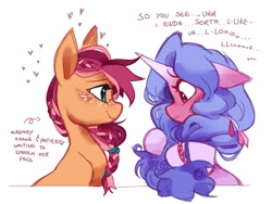Size: 2048x1544 | Tagged: safe, artist:hiccupsdoesart, artist:hiccysketches, imported from derpibooru, izzy moonbow, sunny starscout, earth pony, pony, unicorn, blushing, blushing profusely, bracelet, braid, cute, duo, duo female, embarrassed, female, freckles, g5, heart, izzybetes, izzyscout, jewelry, lesbian, looking at someone, love, mare, shipping, simple background, smiling, sunnybetes, text, white background