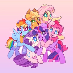 Size: 4000x4000 | Tagged: safe, artist:cocopudu, imported from derpibooru, applejack, fluttershy, pinkie pie, rainbow dash, rarity, twilight sparkle, alicorn, earth pony, pegasus, pony, unicorn, absurd resolution, eye clipping through hair, eyebrows, eyebrows visible through hair, female, gradient background, group, group hug, hug, looking at you, mane six, mare, one eye closed, open mouth, open smile, signature, smiling, smiling at you, spread wings, twilight sparkle (alicorn), white pupils, wings, wink, winking at you